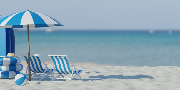 3 d渲染。美丽的海滩。海边沙滩上的椅子。暑假和度假旅游的概念。鼓舞人心的热带景观。宁静的风景，轻松的沙滩，热带景观设计图片下载