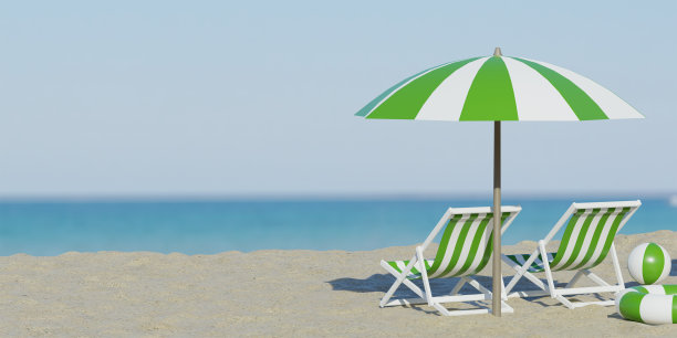 3 d渲染。美丽的海滩。海边沙滩上的椅子。暑假和度假旅游的概念。鼓舞人心的热带景观。宁静的风景，轻松的沙滩，热带景观设计图片下载