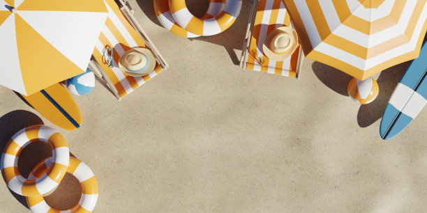 3 d渲染。美丽的海滩。海边沙滩上的椅子。暑假和度假旅游的概念。鼓舞人心的热带景观。宁静的风景，轻松的沙滩，热带景观设计图片下载