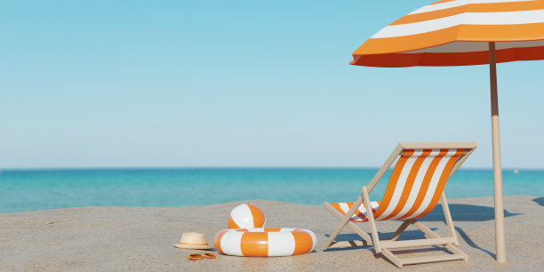 3 d渲染。美丽的海滩。海边沙滩上的椅子。暑假和度假旅游的概念。鼓舞人心的热带景观。宁静的风景，轻松的沙滩，热带景观设计图片下载