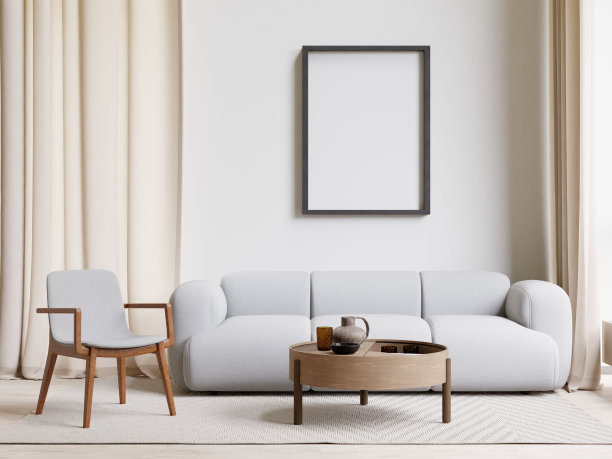 一个现代客厅的3D渲染，舒适的沙发靠墙图片下载