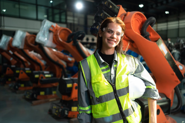 肩负审核、测试、改进软件和校准机器人手臂使命的女性工程师肖像。图片下载