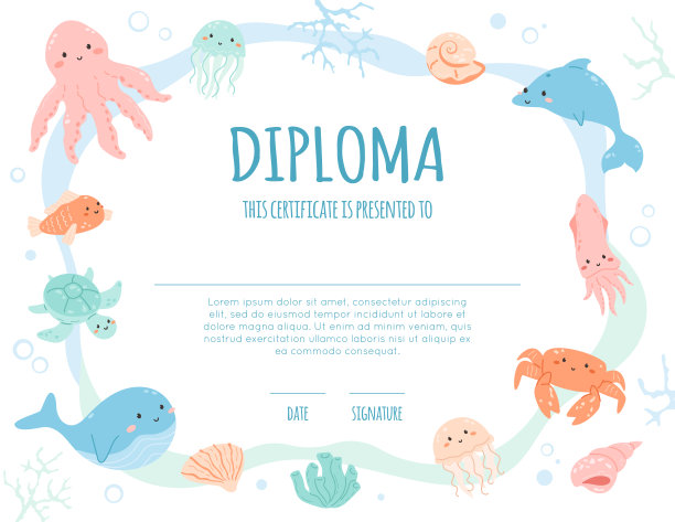 与可爱的水生动物的孩子的文凭。图片下载