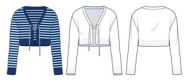 女式开衫技术时尚插画，蓝色条纹设计。九分针织开衫时尚平技术图纸模板，v领，长袖，系带，前后视图，白色，女装CAD模型集。图片下载