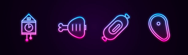 集复古墙手表，鸡腿，意大利腊肠和牛排肉。发光的霓虹灯图标。向量图片下载