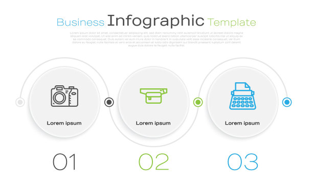 套装相机，香蕉腰袋和复古打字机。业务信息图表模板。向量图片下载