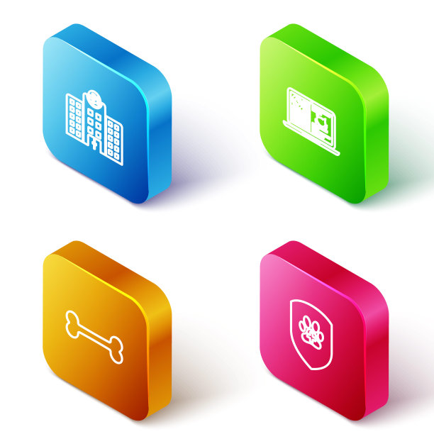 设置等距线兽医医院，临床记录猫在笔记本电脑上，狗骨和动物健康保险图标。向量图片下载