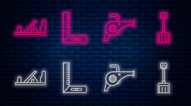 集线角尺、吹叶机、刨木工具、雪铲。砖墙上发光的霓虹灯图标。向量图片下载