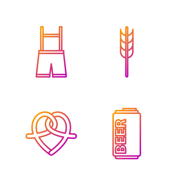 啤酒罐，椒盐脆饼，皮短裤和谷物与大米，小麦，玉米，燕麦，黑麦，大麦。渐变颜色图标。向量图片下载