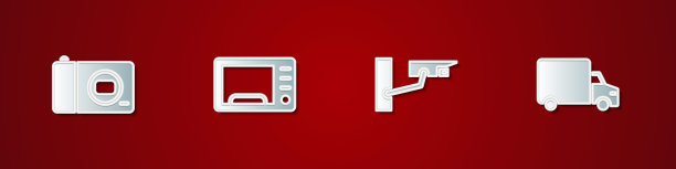 集相机，微波炉，安全和交付货物卡车图标。向量图片下载