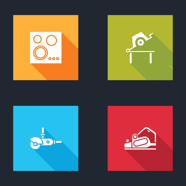 集煤气炉，台锯木工，角磨床和电动刨床工具图标。向量图片下载