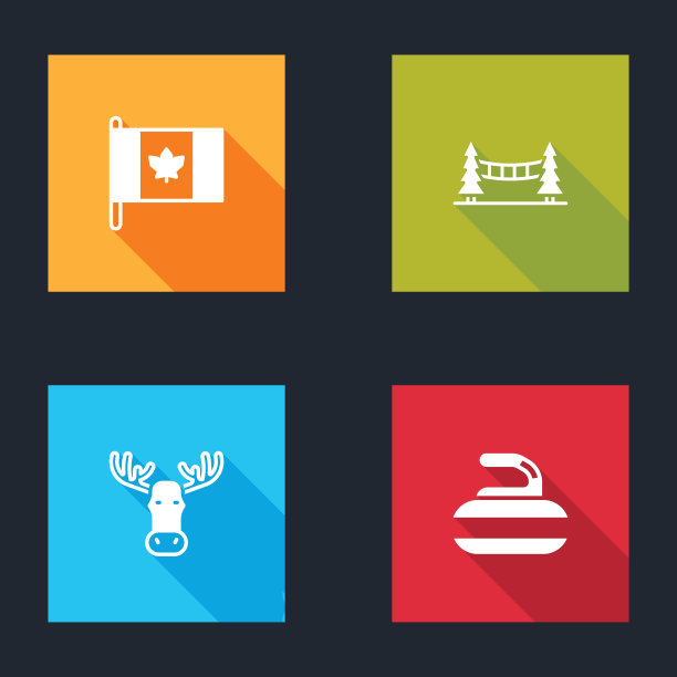 集加拿大国旗，卡皮拉诺吊桥，驼鹿头与角和石头为冰壶图标。向量图片下载