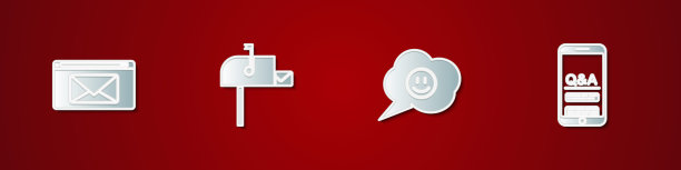 设置邮件和电子邮件，打开盒子，带微笑的语音气泡和移动问题感叹号图标。向量图片下载