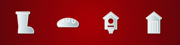 集防水橡胶靴，面包面包，鸟屋和木制户外厕所图标。向量图片下载