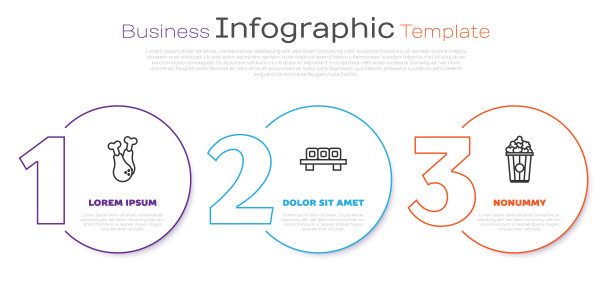 鸡腿，寿司放在砧板上，爆米花放在纸箱里。业务信息图表模板。向量图片下载