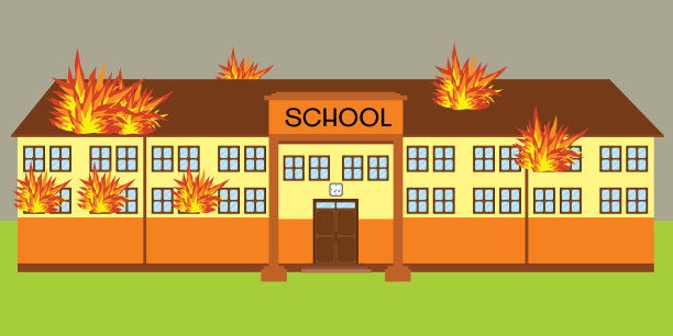 学校发生火灾的插图。燃烧的建筑物的插图图片下载
