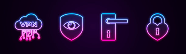设置线云VPN接口，盾和眼，门把手和城堡心的形状。发光的霓虹灯图标。向量图片下载
