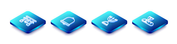 设置等距线日本门，教堂钟，光明节烛台和第一次圣餐符号图标。向量图片下载