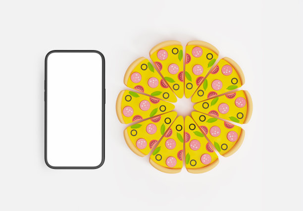 模拟手机显示器和切片的卡通披萨在白色的背景图片下载