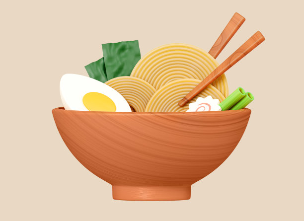 3D Ramen asian noodle soup with chopsticks, egg and seaweed in wooden bowl. Japanese lunch or dinner. Delicious food illustration. Creative realistic design isolated on background. 3D Rendering图片下载