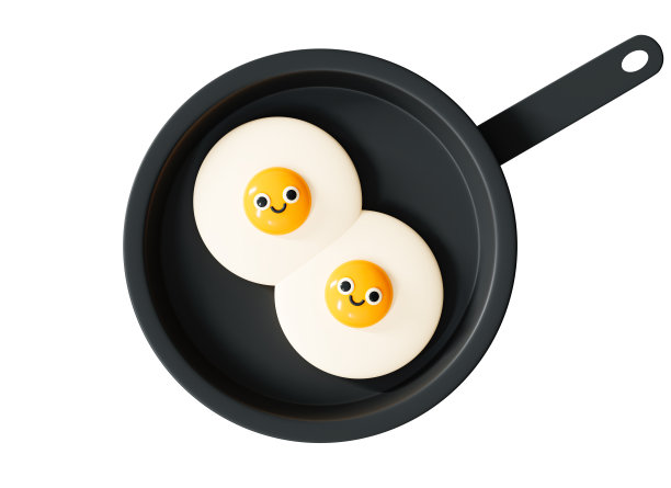 3D Cute fried egg on frying pan. Healthy breakfast. Good morning. Funny character with smile. Omelet on skillet. Cartoon creative design concept icon isolated on white background. 3D Rendering图片下载