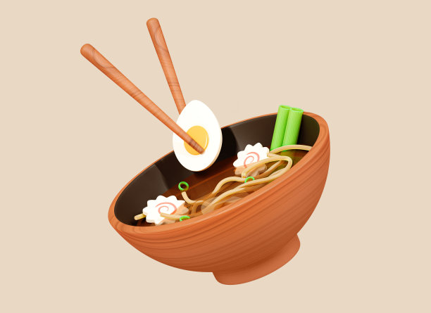 3D Ramen asian noodle soup with chopsticks, egg and seaweed in wooden bowl. Japanese lunch or dinner. Delicious food illustration. Creative realistic design isolated on background. 3D Rendering图片下载