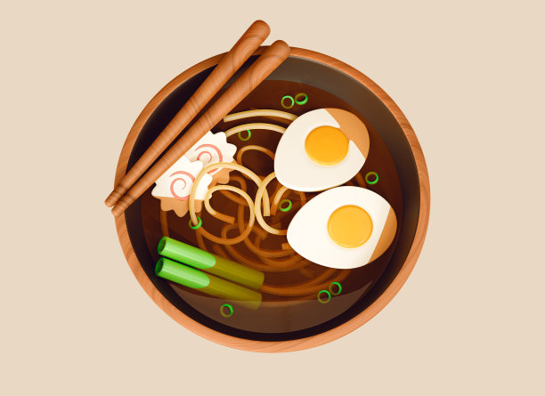 3D Ramen asian noodle soup with chopsticks, egg and seaweed in wooden bowl. Japanese or Chinese cuisine. Top view food illustration. Creative realistic design isolated on background. 3D Rendering图片下载
