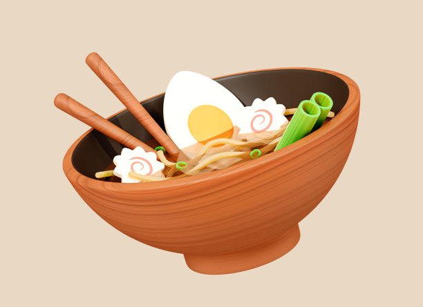 3D Ramen asian noodle soup with chopsticks, egg and seaweed in wooden bowl. Japanese lunch or dinner. Delicious food illustration. Creative realistic design isolated on background. 3D Rendering图片下载