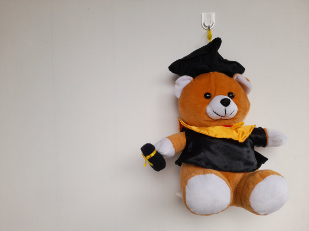 可爱的毕业娃娃前视图对白色的墙壁背景。图片下载