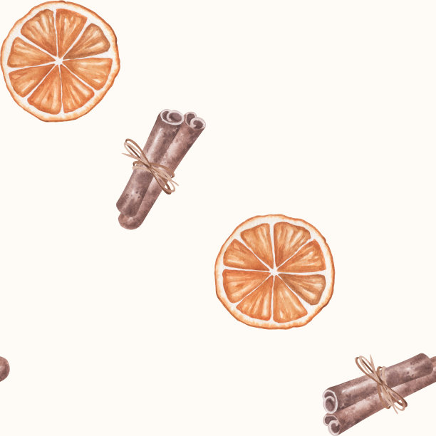 Watercolor simple pattern with sliced orange and cinnamon rolls.图片下载