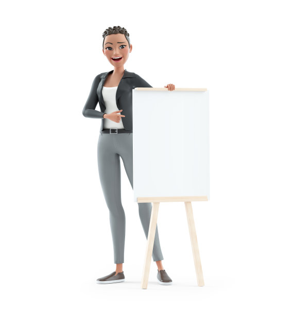 3d character woman pointing to wooden easel with blank canvas图片下载