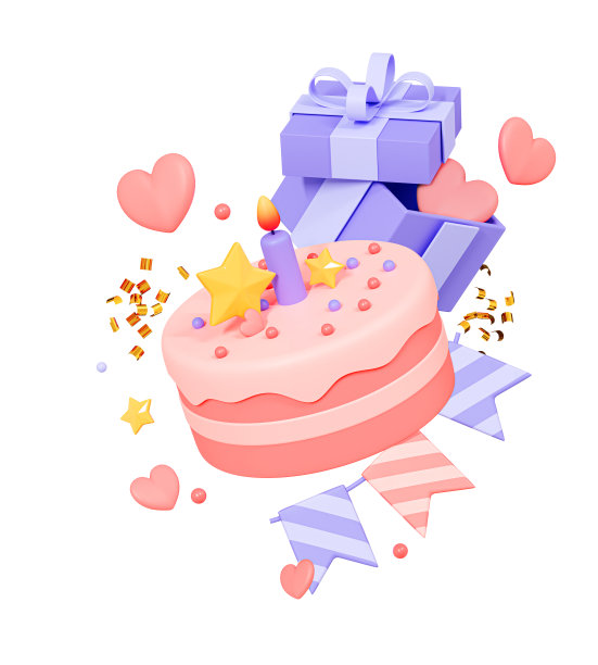 3D Birthday party poster with cake, gift box, festive garland and confetti decoration. Anniversary and wedding invitation. Valentine's day surprise. Cartoon creative design illustration. 3D Rendering图片下载