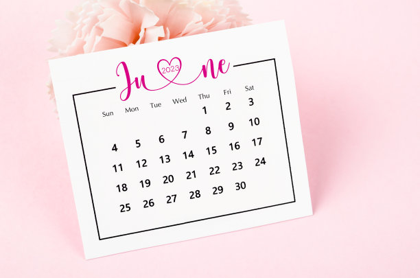 Close up the June 2023 Monthly desk calendar with dried flower on pink background.图片下载