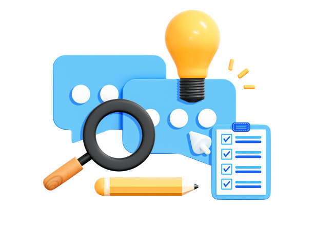 3D Creation of graphic design. Creative project progress and solution. Speech bubble message with lightbulb, magnifier and pen. Student tools. Education concept. Cartoon icon isolated. 3D Rendering图片下载