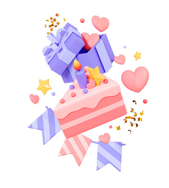 3D Birthday party poster with piece of cake, gift box, festive garland and confetti decoration. Anniversary invitation. Valentine's day surprise. Cartoon creative design illustration. 3D Rendering图片下载