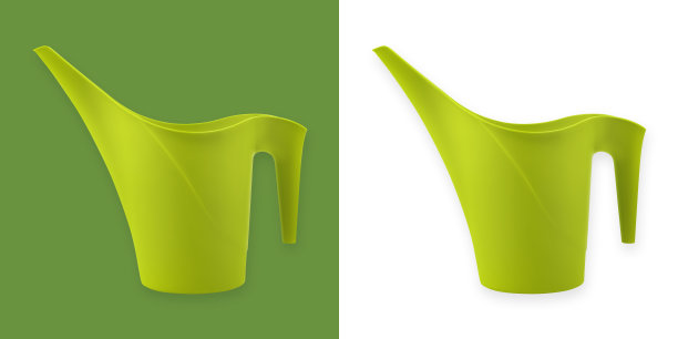 园艺工具设备。彩色绿色塑料喷壶，隔离在白色和绿色的背景上，春天的概念为家庭花园或菜园和植物护理图片下载