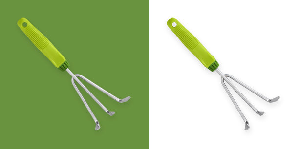 带塑料绿柄的手耙，除草和翻土，花园工具设备隔离在白色背景上，用于种植，松动，铺盖。锄地、耕作和地面通风图片下载