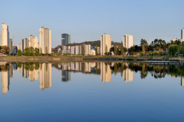 市区天际线与湖泊的景观图片下载