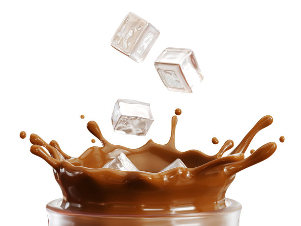 特写:冰落咖啡拿铁液体溅在玻璃杯孤立的白色背景。3 d渲染。剪切部分。图片下载