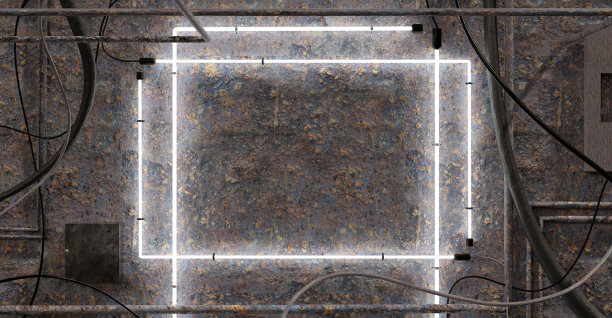 广场霓虹灯标志砖墙和消防标志框架霓虹灯在水泥墙上的信息框架砖墙激光光标志激光光旧背景复制空间3d插图图片下载