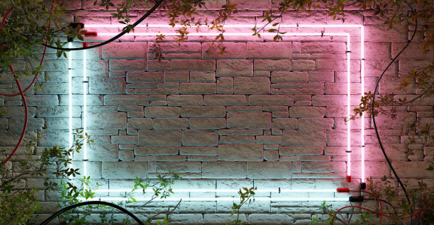广场霓虹灯标志砖墙和消防标志框架霓虹灯在水泥墙上的信息框架砖墙激光光标志激光光旧背景复制空间3d插图图片下载