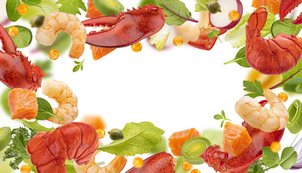 掉落的海鲜沙拉原料被隔离在白色背景上图片下载