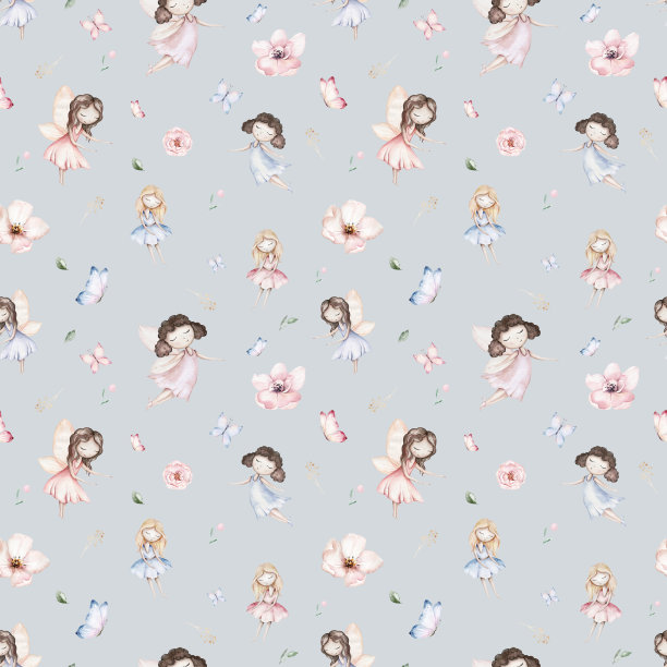 仙女和花朵水彩无缝女孩苗圃图案。卡通粉色神奇女孩宝宝背景。童话般的纺织艺术图片下载