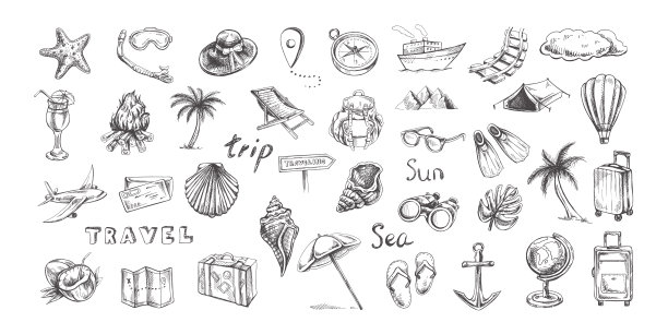 手绘素描集的旅游图标。旅游和露营探险图标。Lipart有旅游元素:包包、交通工具、相机、地图、手掌、贝壳。图片下载