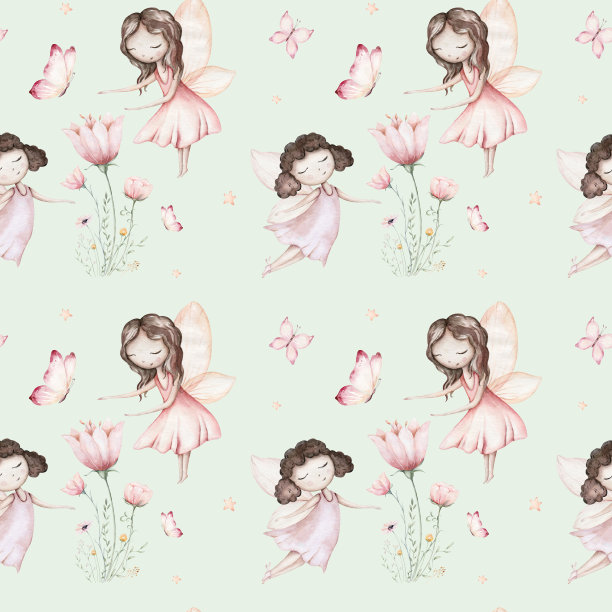 仙女和花朵水彩无缝女孩苗圃图案。卡通粉色神奇女孩宝宝背景。童话般的纺织艺术图片下载
