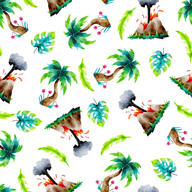 热带火山岛水彩无缝图案图片下载