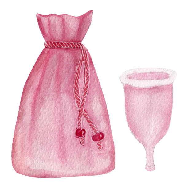 水彩健康套装，月经杯和包装。女性个人卫生用品隔离白色背景。图片下载