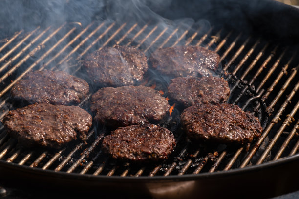 烧烤汉堡馅饼在热炭燃烧烧烤图片下载