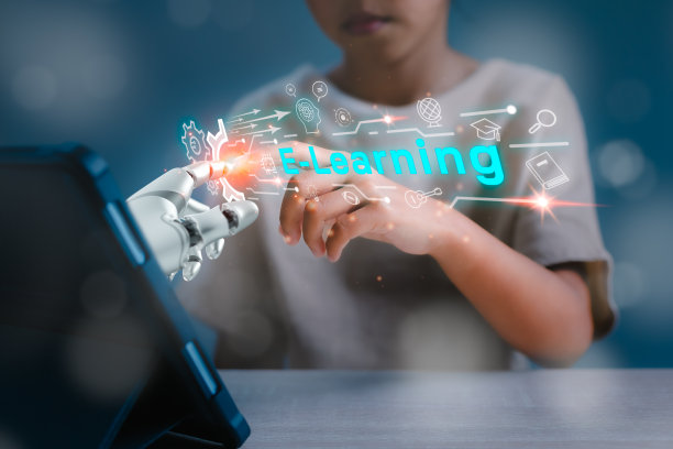 机器人手指与人类手指触摸的虚拟人工智能电子学习技术全球网络连接。在线教育，网络研讨会，未来科技转型。图片下载