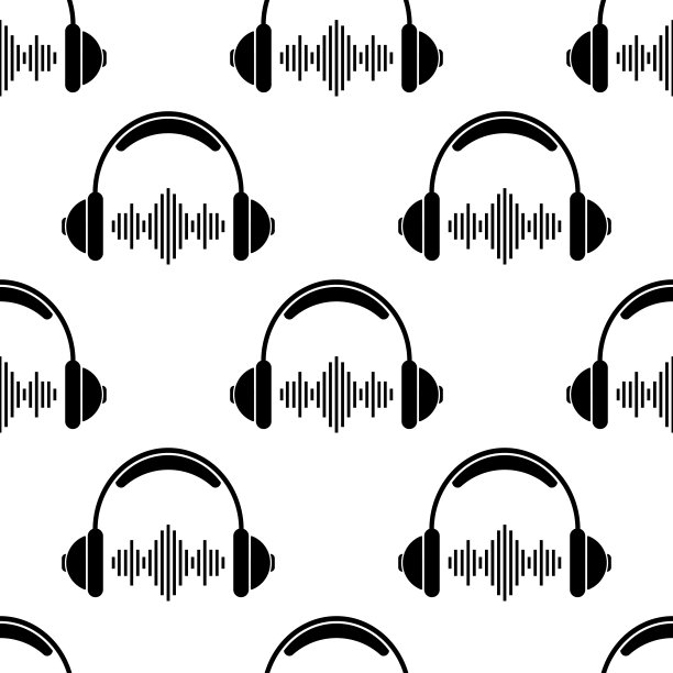 耳机图标无缝图案与声波节拍，黑色均衡器。图片下载